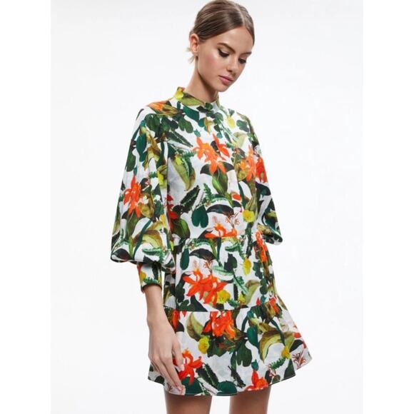Alice + Olivia Cailin Tropical Mini Dress XL Sunrise Hawaiian Floral Midi $440 - Picture 1 of 7